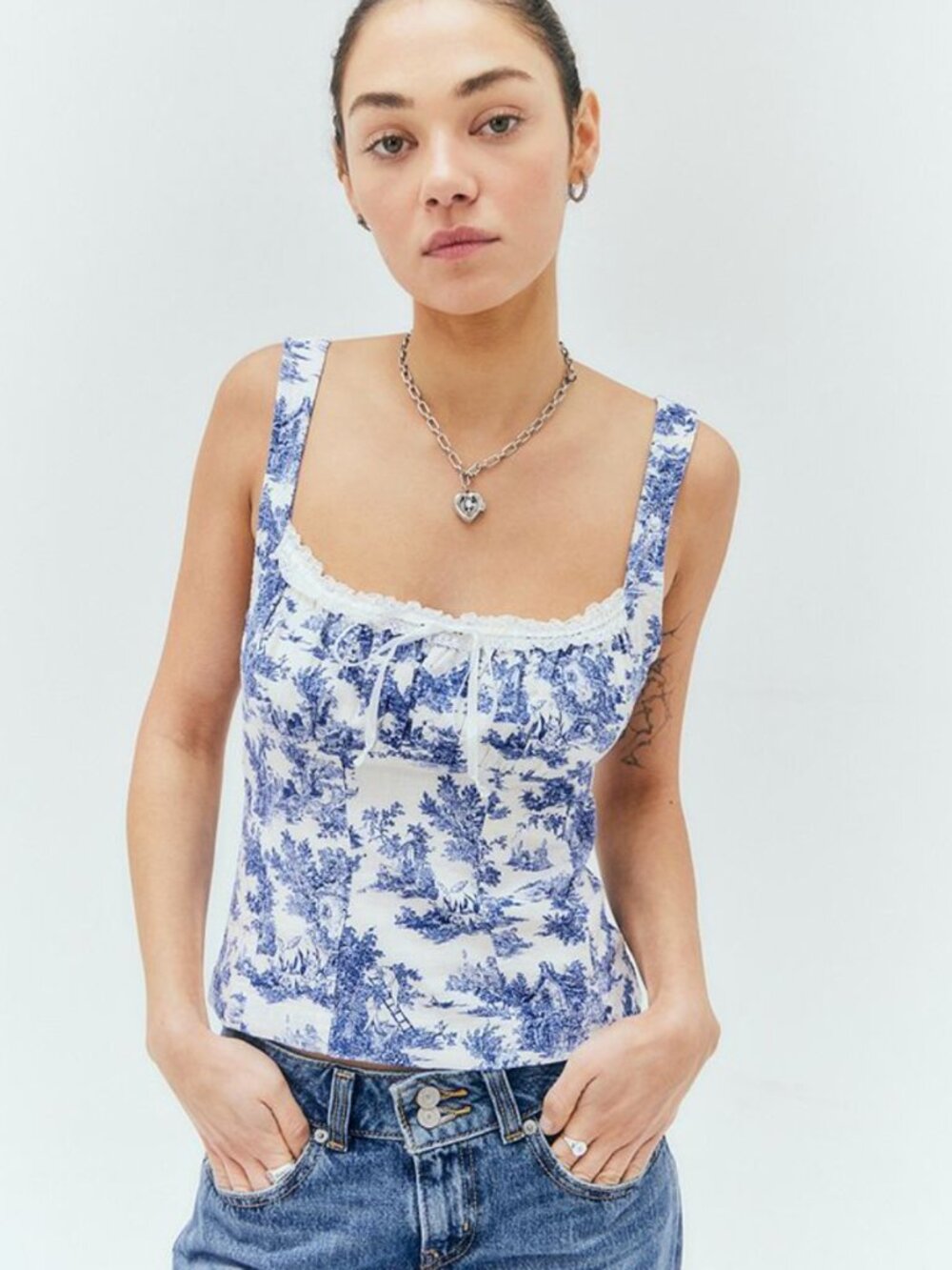 BDG Blue and White Toile Tie-Front Tank Top